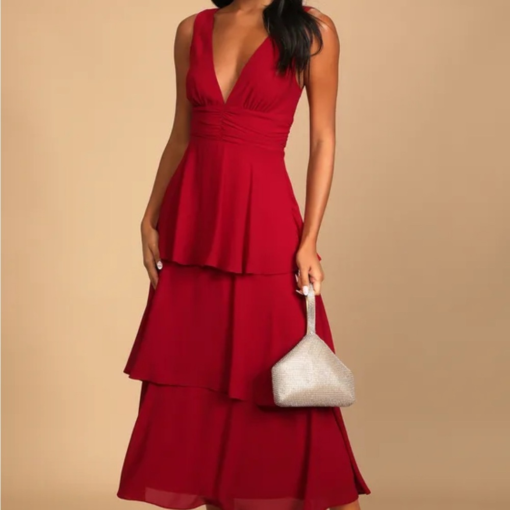 Lulus - Celebration Time Red Sleeveless Tiered Midi Dress